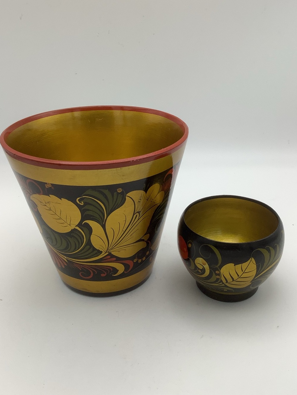 Two Russian Khokhloma Lacquerware Hand -Painted Floral Decorative Vessels